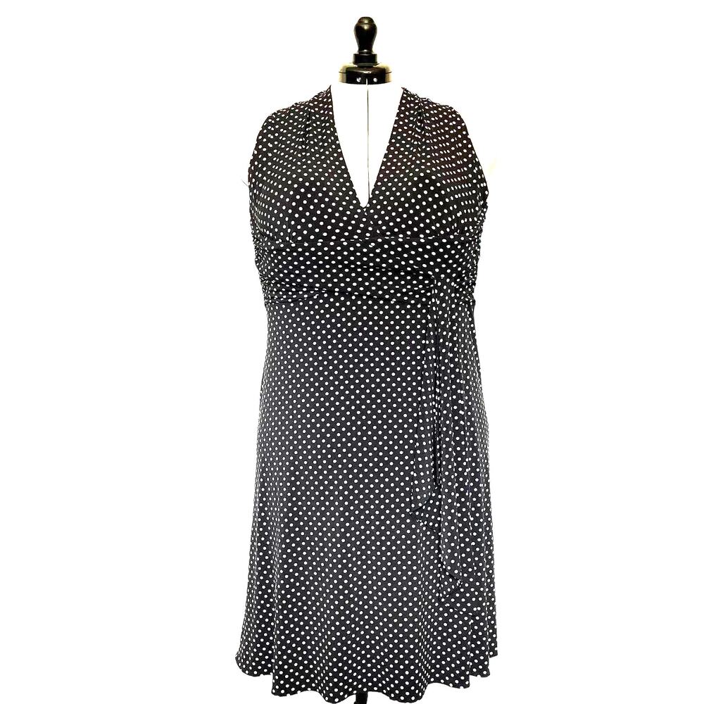 Melanie Lyne Y2K Polka Dot Babydoll Halter Dress Sz 16 Black Rockabilly Retro